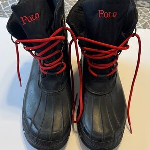 Polo by Ralph Lauren Mens Black Boots with Red Accents Size 12 Leather/Nylon